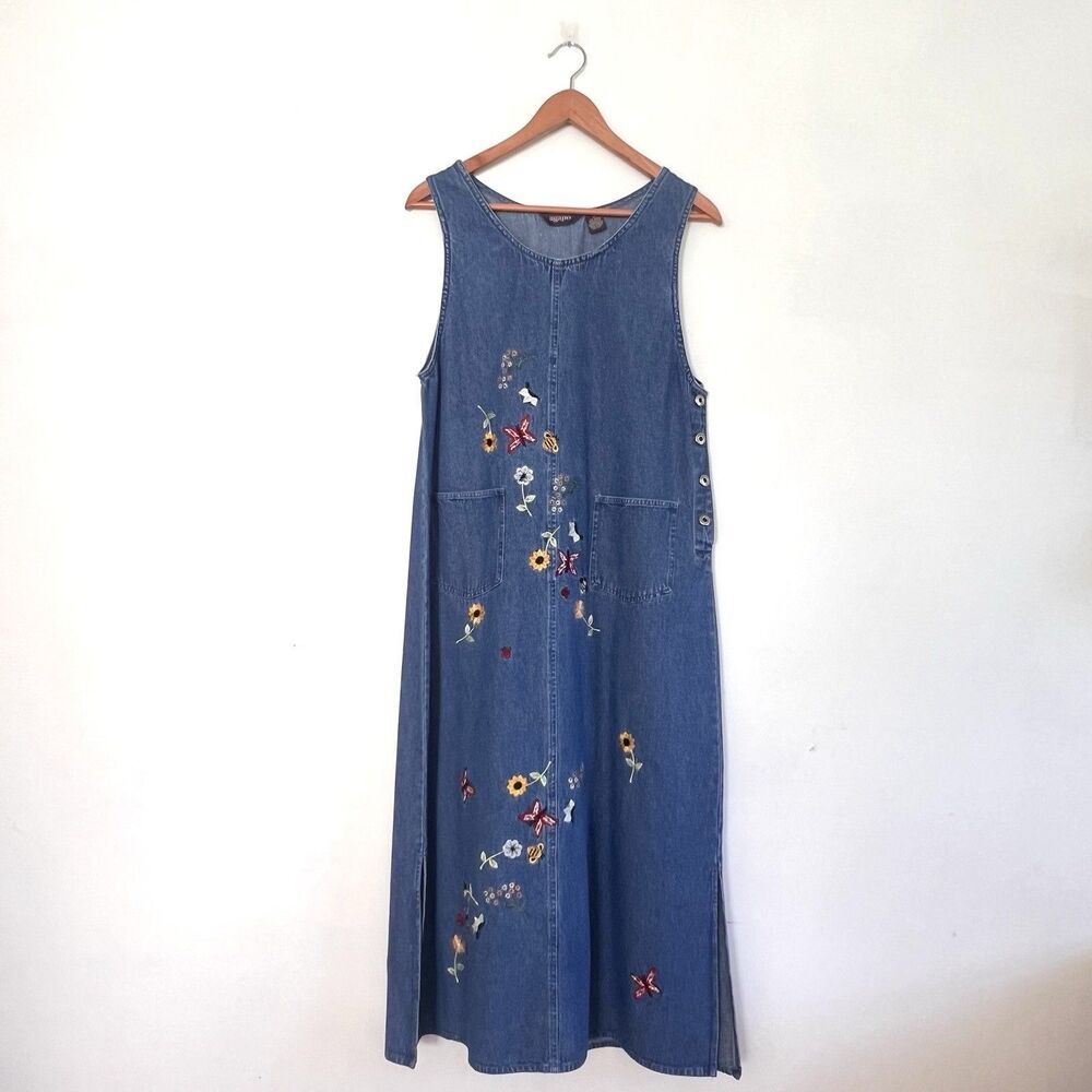 Vintage Agapo Denim Maxi Dress Floral Embroidered Women’s Size L Cotton 90s Mom